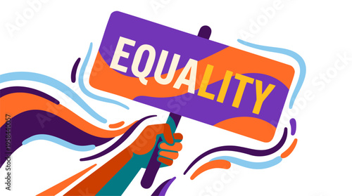 Protester Hand Holding 'Equality' Sign for Harvey Milk's Legacy & LGBTQ+ Rights, Flat Design, Vibrant Color Vector Illustration