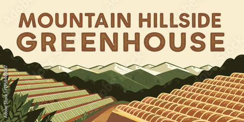Stylized illustration of mountain hillsides and greenhouse rooftops