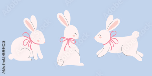 Set of cute rabbits with bows. Template for baby design, Easter card, Mother's day or Valentine's day.