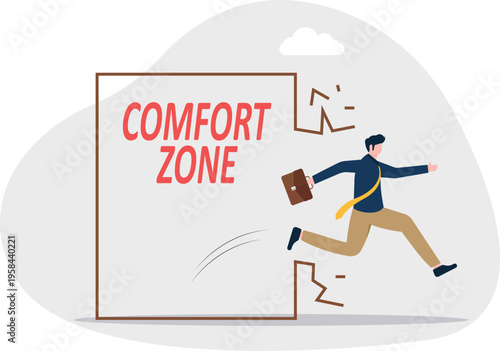 Businessman running out of his comfort zone box representing growth and change