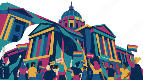 Harvey Milk Supporters & LGBTQ+ Crowd waving pride flags at City Hall for Civil Rights Activism in Vibrant Flat Design Vector Illustration
