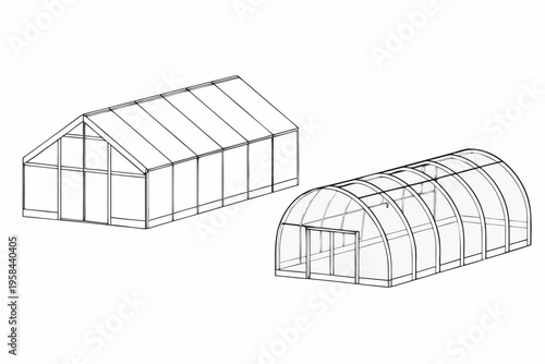 Line drawing of three different greenhouse structures in a white background