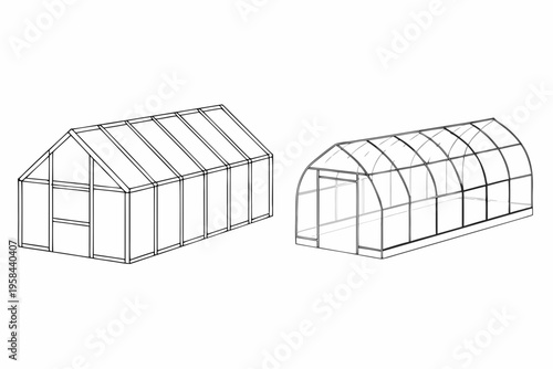 Line drawing of two different greenhouse designs gable and quonset