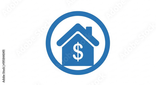 A blue vector icon of a house with a dollar sign inside a circle, representing real estate finance or affordable housing.