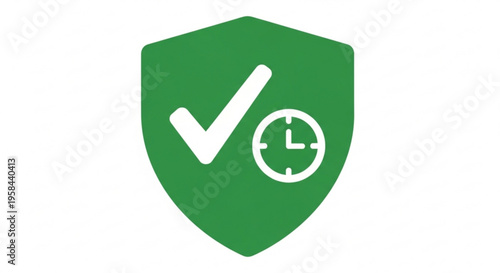 A green shield icon with a white checkmark and clock symbol, representing security and time management.
