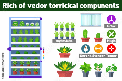 Indoor vertical garden with various plants and growth monitoring elements