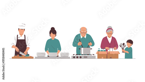 Culinary Community Harmony: A heartening scene depicts a diverse group of individuals united in a collaborative cooking and food distribution project.