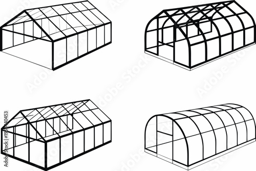 Line drawing of four different greenhouse frame designs on white background