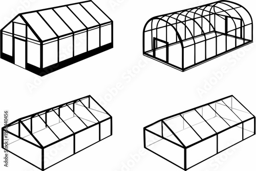 Four different greenhouse designs depicted in a black and white sketch