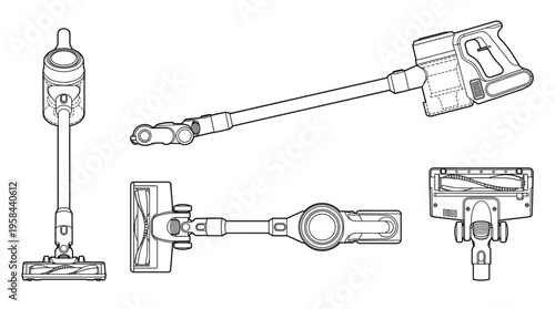 Vacuum Cleaner Coloring Page Vector, Home Appliance Line Art Illustration with Front Side and Rear Views