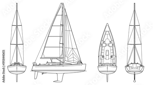 Sailboat Coloring Page Vector, Watercraft Line Art Illustration with Front Side and Rear Views