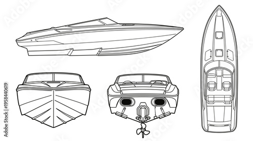 Speedboat Coloring Page Vector, Watercraft Line Art Illustration with Front Side and Rear Views