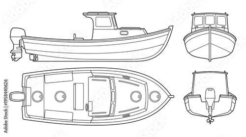 Fishing Boat Coloring Page Vector, Watercraft Line Art Illustration with Front Side and Rear Views