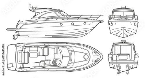 Motorboat Coloring Page Vector, Watercraft Line Art Illustration with Front Side and Rear Views