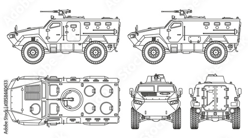 Troop Carrier Coloring Page Vector, Military Vehicle Line Art Illustration with Front Side and Rear Views