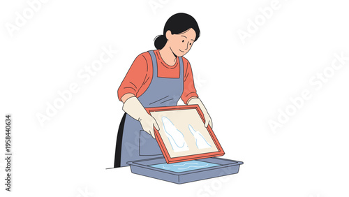 Handmade Paper Making: A woman gracefully engaged in the intricate art of crafting handmade paper, delicately lifting a fresh sheet from a tray, revealing the culmination of a patient process.