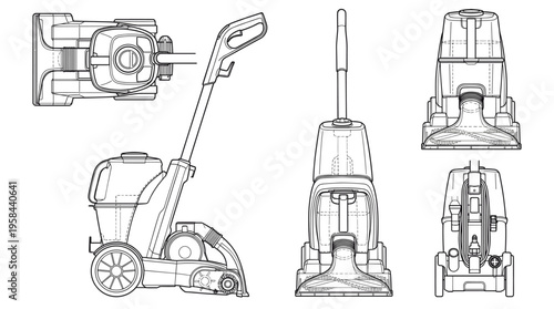 Carpet Cleaner Coloring Page Vector, Home Appliance Line Art Illustration with Front Side and Rear Views