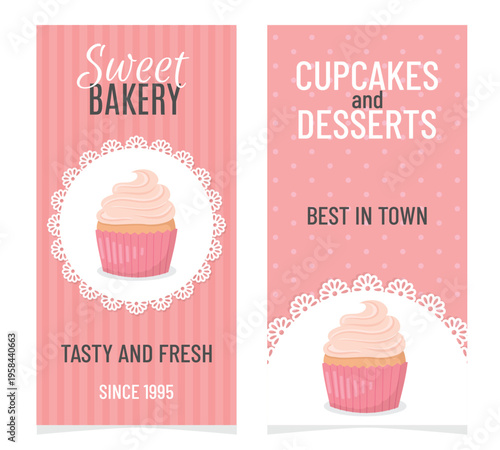 Set of Bakery flyer templates with pink muffin on pink background. Cupcake pastry shop poster, banner design