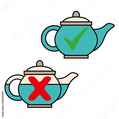 Two teapots showing correct and incorrect level of filling with hot water for oriental tea ceremony. Vector illustration of brewing guide. Traditional eastern tea ritual preparation