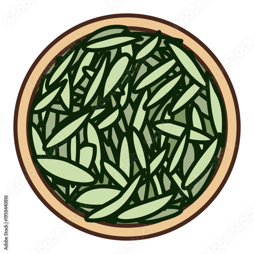 Green, white tea leaves in round bowl. Top view of dry herbal tea ingredient. Natural healthy beverage concept. Organic plant product for brewing drink. Culinary graphic element for menu