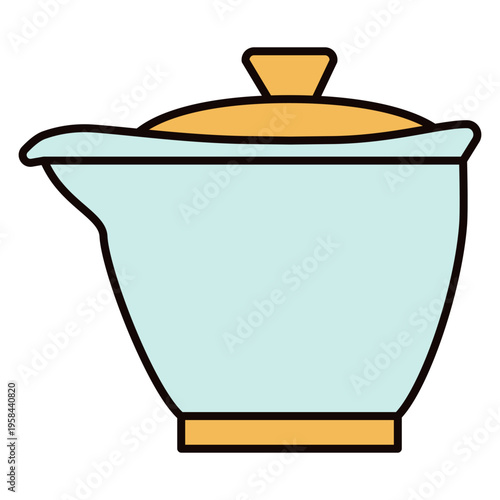 Vector gaiwan for Eastern tea ceremony. Traditional Chinese teapot with lid for steeping tea leaves. Minimalist ceramic kitchenware design for brewing hot aromatic herbal infusion