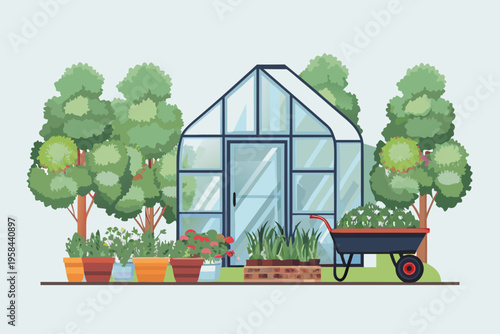 A charming greenhouse nestled amongst lush greenery and garden plants