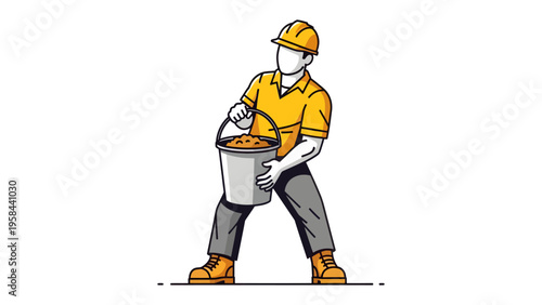 Construction worker carrying bucket of material: A construction worker in a hard hat and safety vest carries a bucket full of sand or gravel. The illustration style is simple and modern.