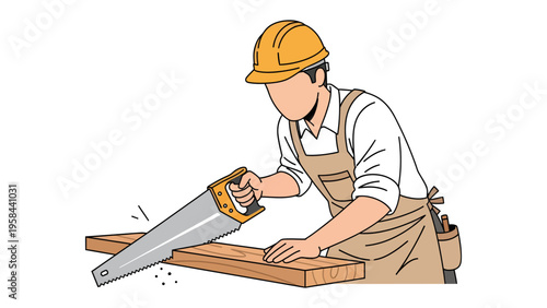 Carpenter at Work: A carpenter wearing a hard hat and apron skillfully saws a wooden plank with a hand saw, creating shavings.