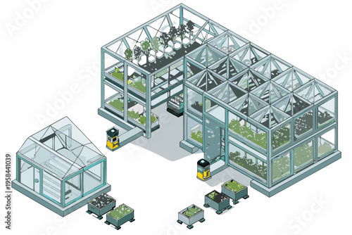 Isometric illustration of a modern greenhouse with tiered plant cultivation