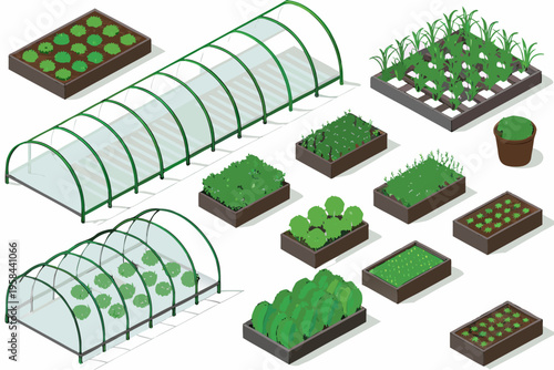 Isometric illustration of various garden beds greenhouses and young plants