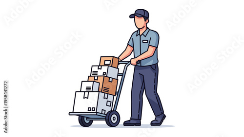 Efficient Delivery: A delivery person expertly maneuvers a hand truck laden with neatly stacked packages, showcasing the seamless efficiency of a modern transport service.