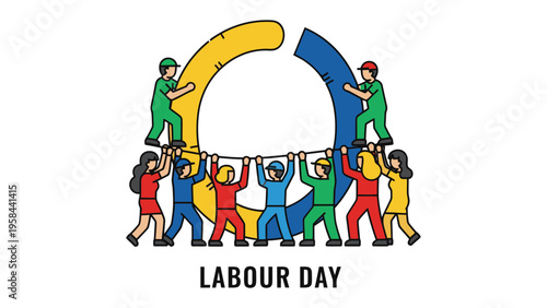 Labour Day Unity: A vibrant illustration depicts a diverse group of people collaboratively holding a symbolic structure, celebrating the spirit of Labour Day and collective effort.