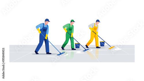 Cleaning Team in Action: A dedicated team of professionals diligently cleans a space with mops and buckets, representing the essence of hygiene and sanitation.