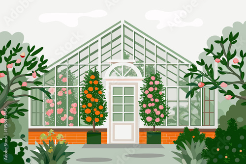 Charming greenhouse nestled amongst lush greenery and blossoming fruit trees