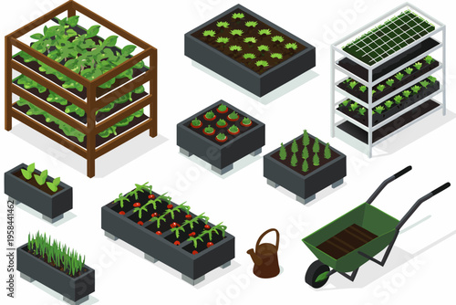 Isometric illustration of various gardening containers tools and growing plants