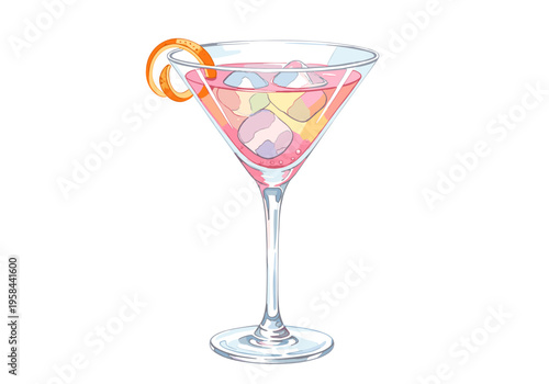 Refreshing pink cocktail with ice and orange peel garnish in a martini glass