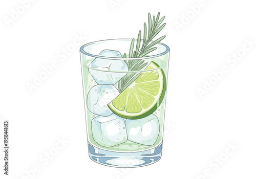 Refreshing gin and tonic with lime and rosemary garnish on ice