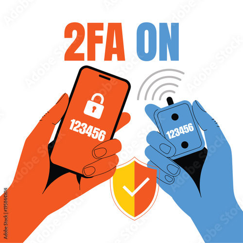 A graphic illustration of two hands holding devices for 2FA security