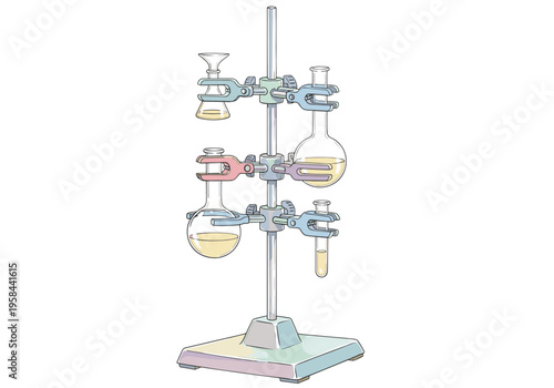 Laboratory glassware setup with flasks and test tubes on a stand