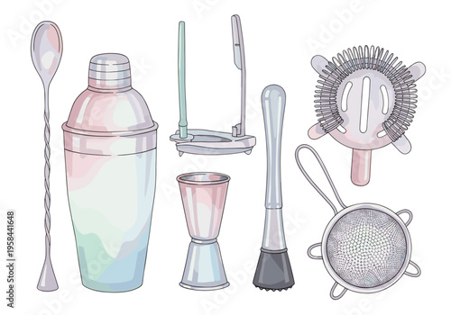 Collection of essential bar tools for crafting cocktails and mixed drinks