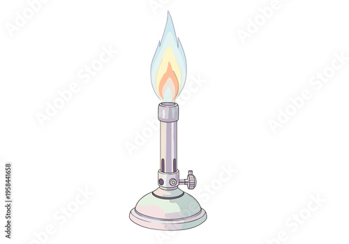 Bunsen burner with a blue and yellow flame on a white background