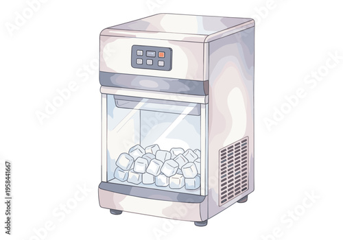 Modern ice maker machine with clear bin filled with cubes and digital controls