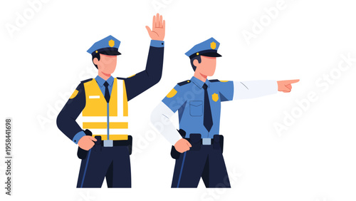 Guardians of the Road: Two uniformed officers maintain order, with one signaling a halt and the other guiding the flow of traffic, symbolizing safety and law enforcement.