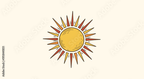 Stylized sunburst illustration with radiating rays in warm colors on a light beige background, graphic art