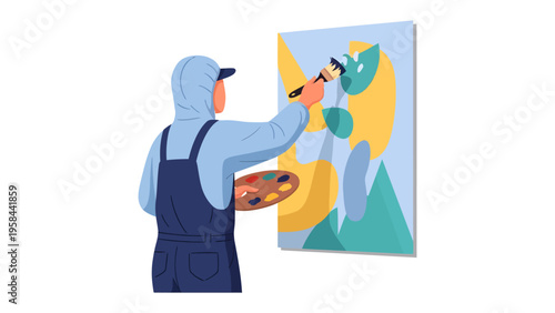 Artist at Work: An artist in overalls and a cap paints an abstract colorful canvas with a brush and palette.