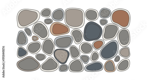 Abstract pattern of smooth, rounded stones in various shades of gray, brown, and blue, outlined in black on a white background.