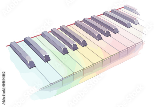 Colorful piano keyboard with pastel watercolor accents and clean white background