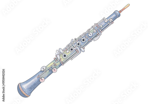 Detailed illustration of a classical oboe with intricate keys and a flared bell
