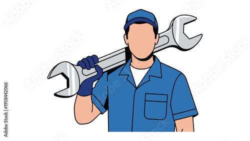 Mechanic with Wrench: A skilled mechanic, equipped with a large wrench, ready to take on the challenges of machinery. Capturing the essence of expertise and reliability.