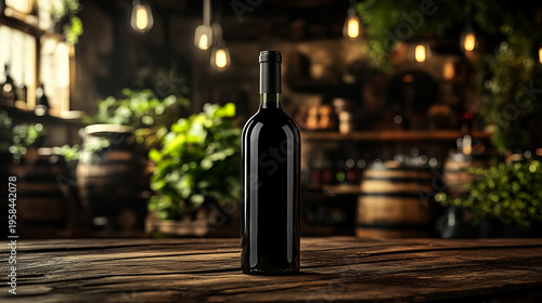 empty black wine bottle mockup on a wooden table with a blurred background 